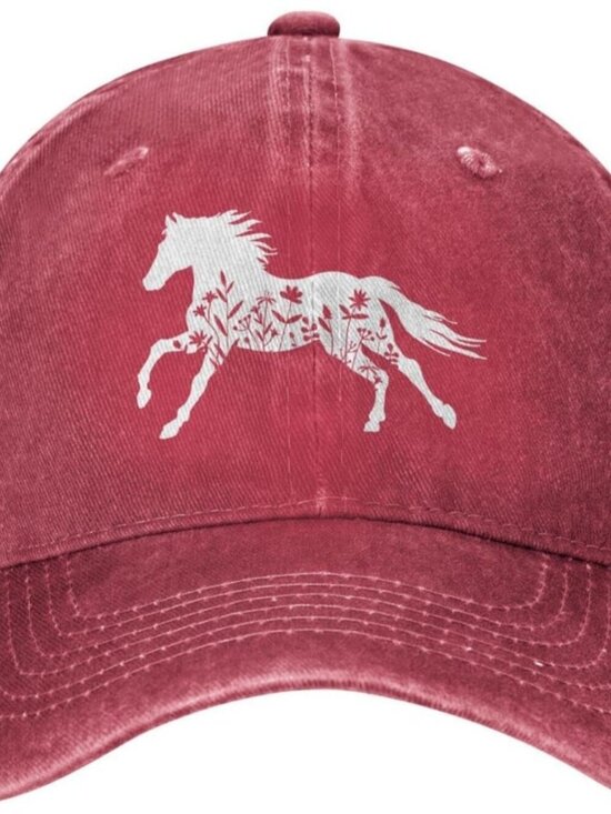 Women\'s Floral and Horse Hat Adjustable Washed Vintage Baseball Cap Red main image 5